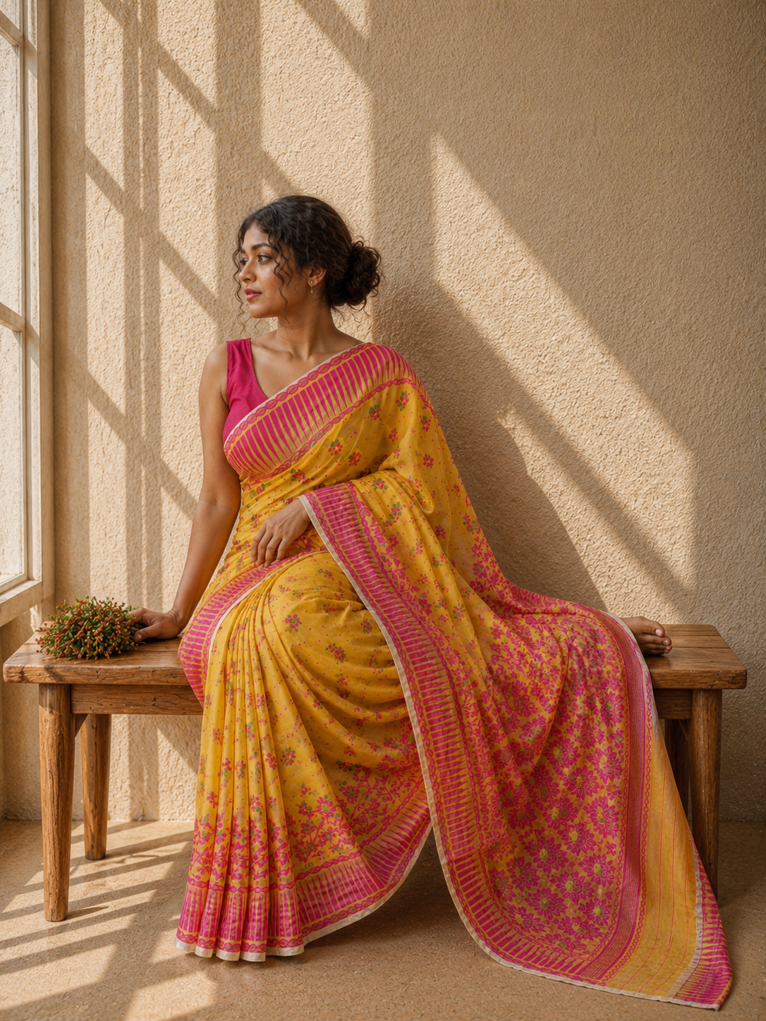 Surya Rosé - Yellow & Coral Premium Cotton Jamdani