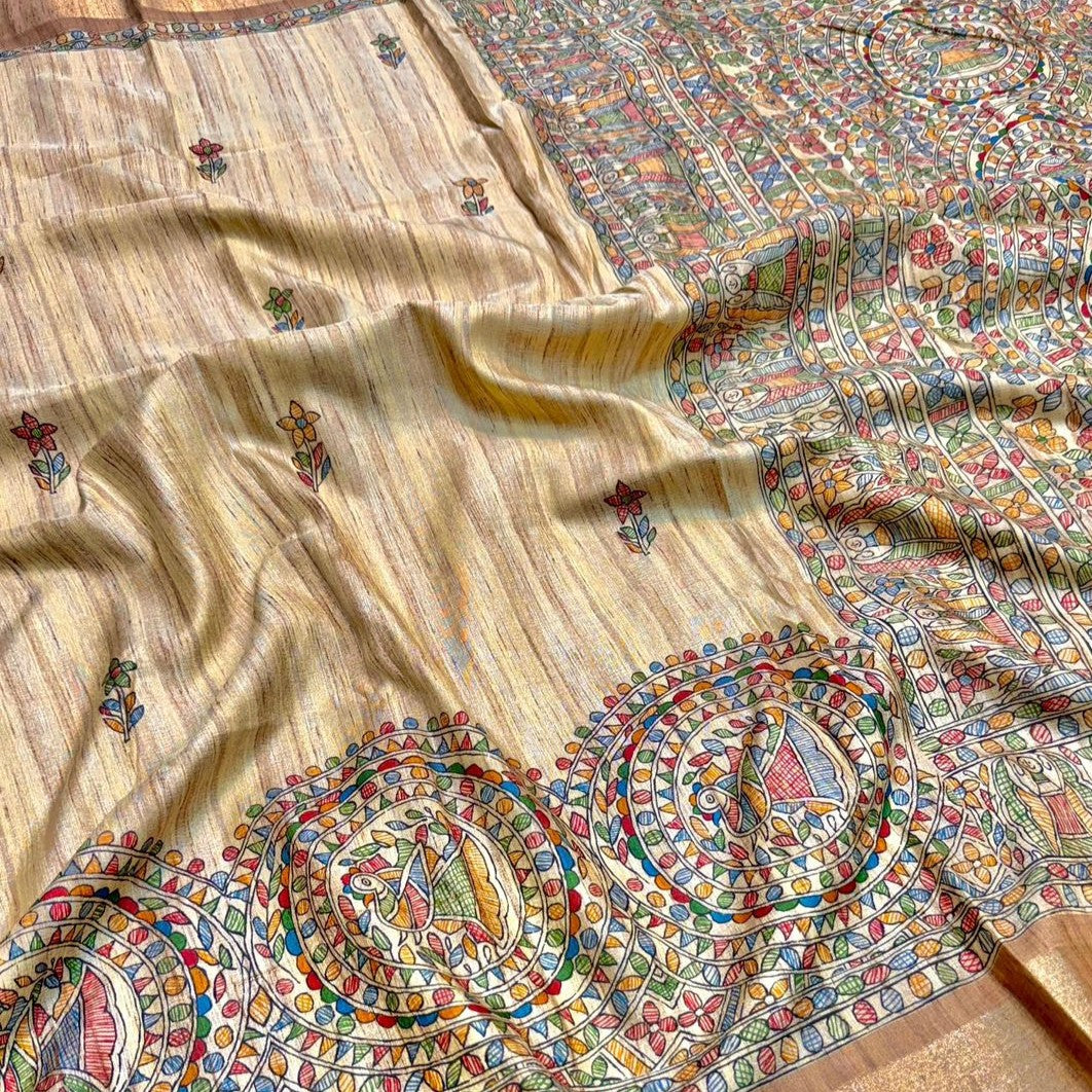 Horinpakhi Madhubani Print Pure Tussar Saree