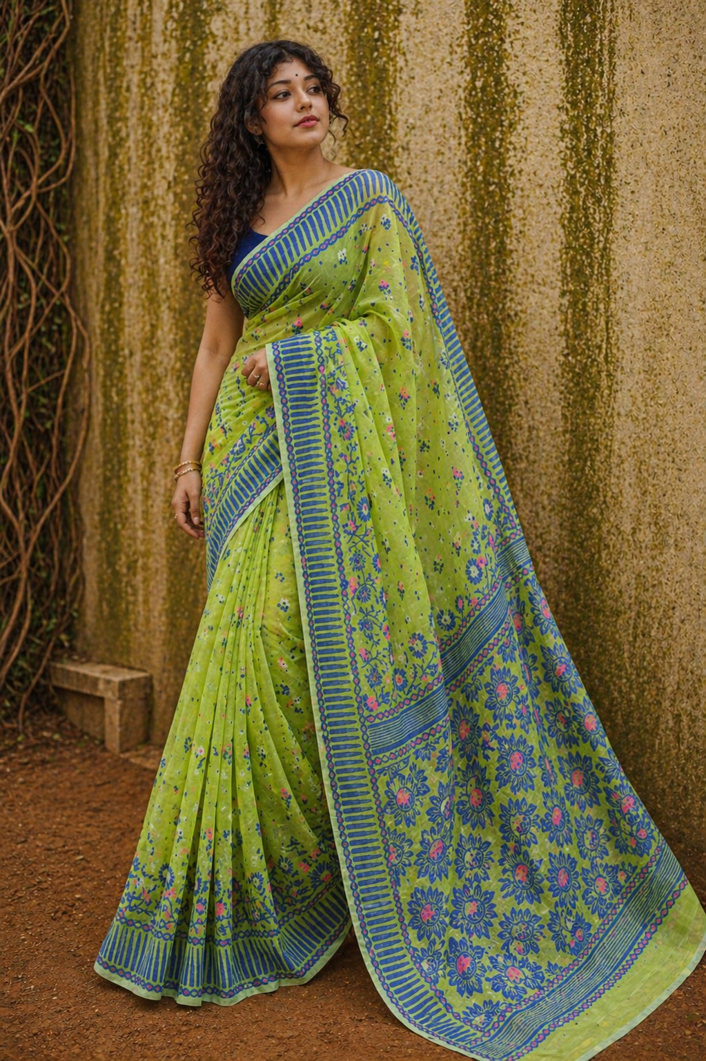 Harit Lumiére – Bright Olive Cotton Jamdani Saree
