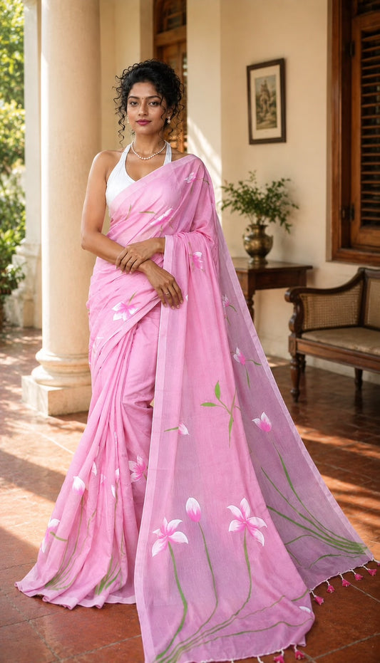 Mrinaal - Handpainted Khadi Saree