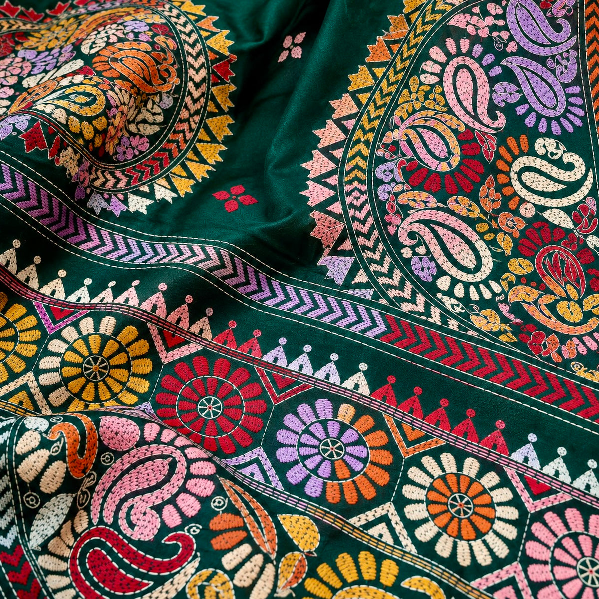 Shobuj Kopai - Kathastitch Handcrafted Silk Saree