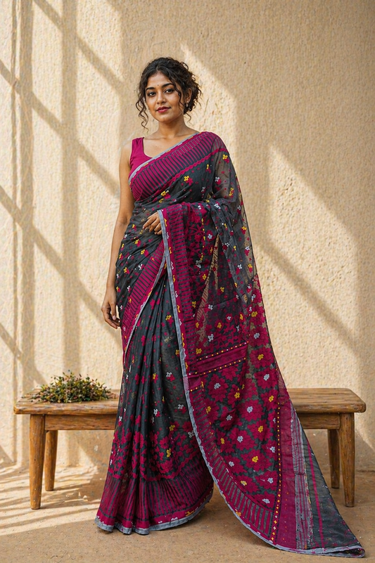 Raktim Noir - Charcoal & Red Soft Premium Dhakai