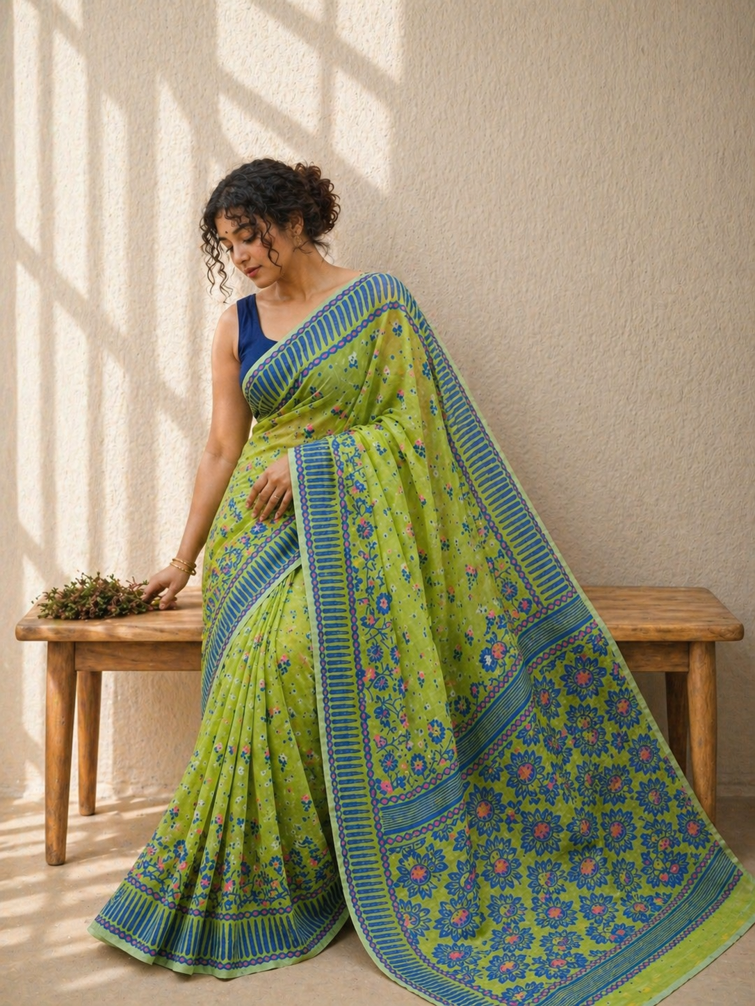 Harit Lumiére – Bright Olive Cotton Jamdani Saree