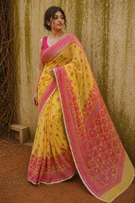 Surya Rosé - Yellow & Coral Premium Cotton Jamdani
