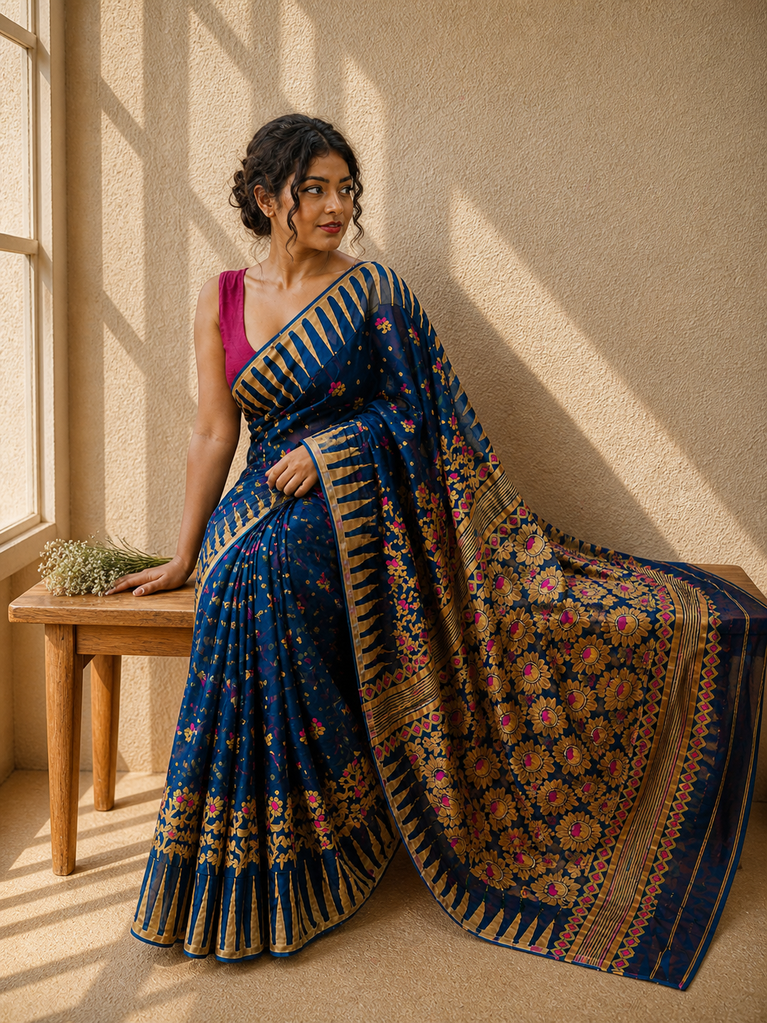 Neel Aster - Blue & Mustard Premium Cotton Jamdani