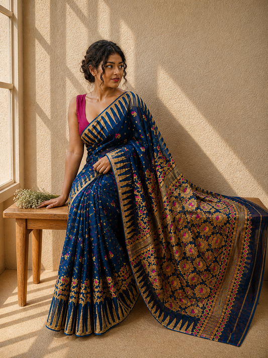 Neel Aster - Blue & Mustard Premium Cotton Jamdani