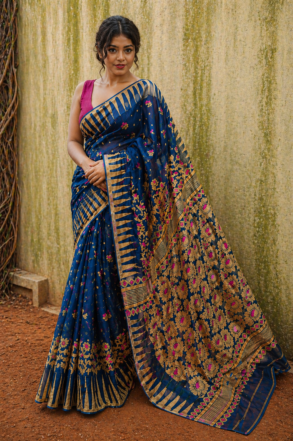 Neel Aster - Blue & Mustard Premium Cotton Jamdani