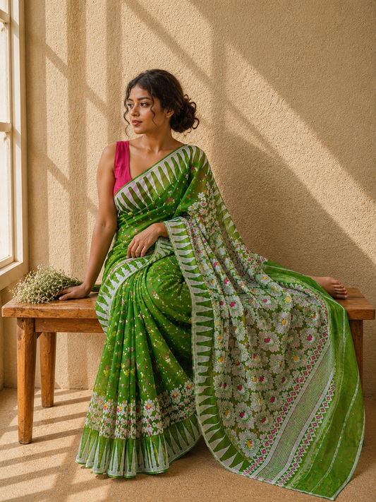 Harit Bhor - Green & White Premium Cotton Jamdani