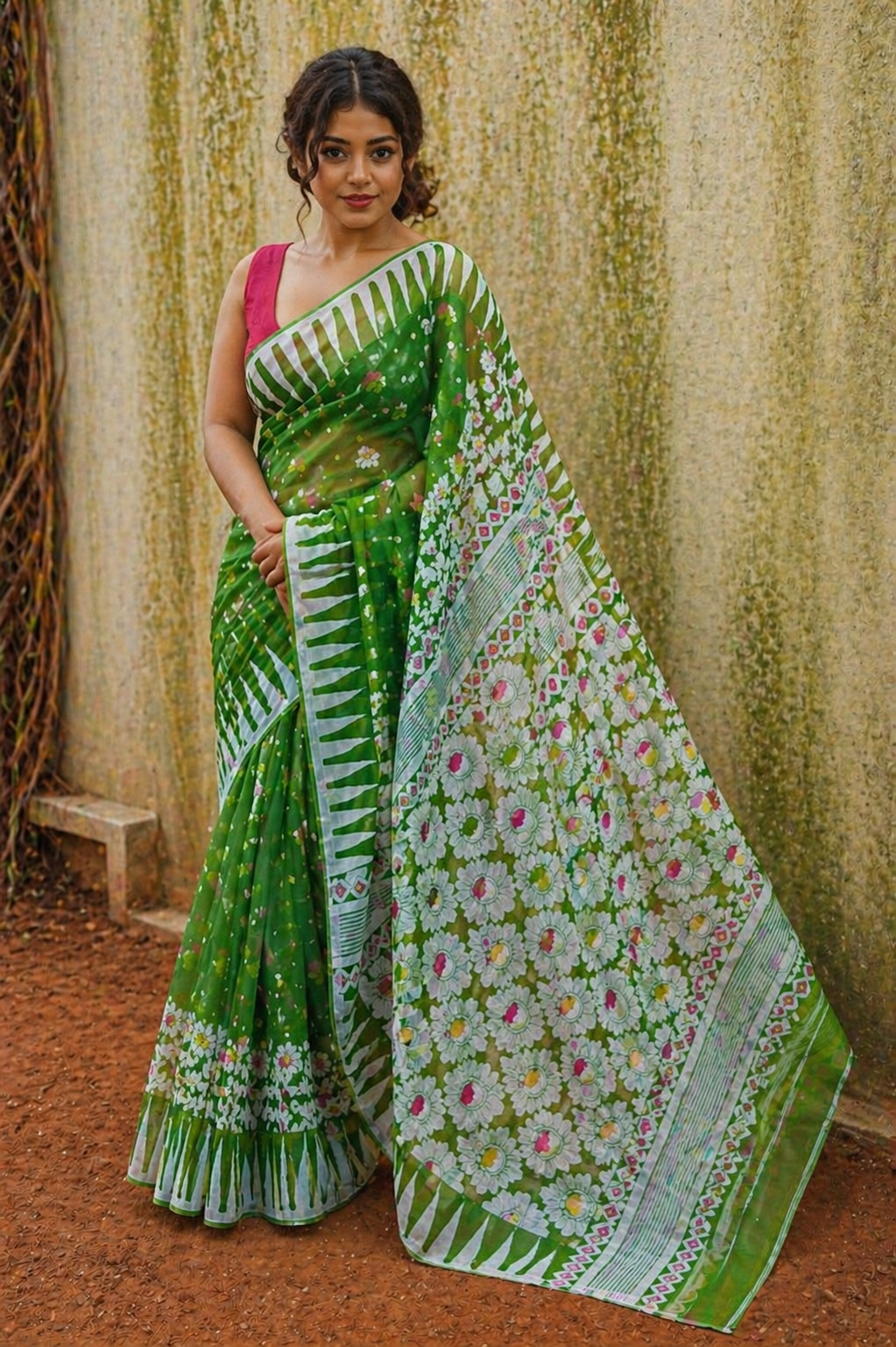 Harit Bhor - Green & White Premium Cotton Jamdani