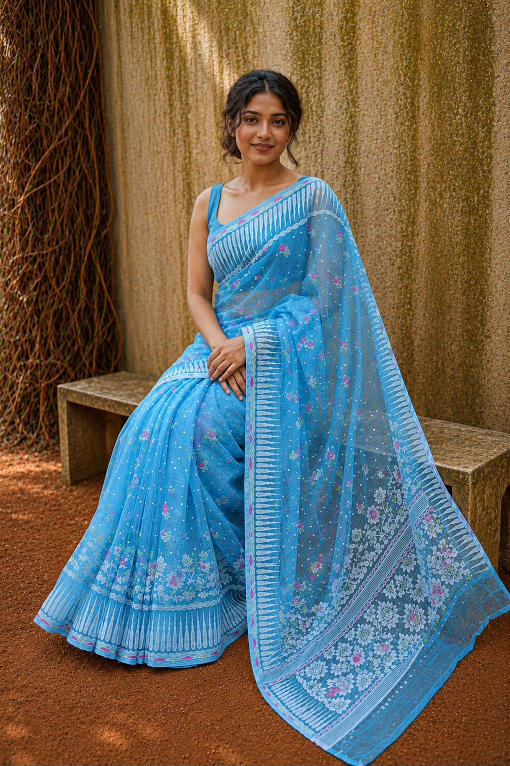 Nihar Azure - Sky Blue & White Premium Cotton Jamdani