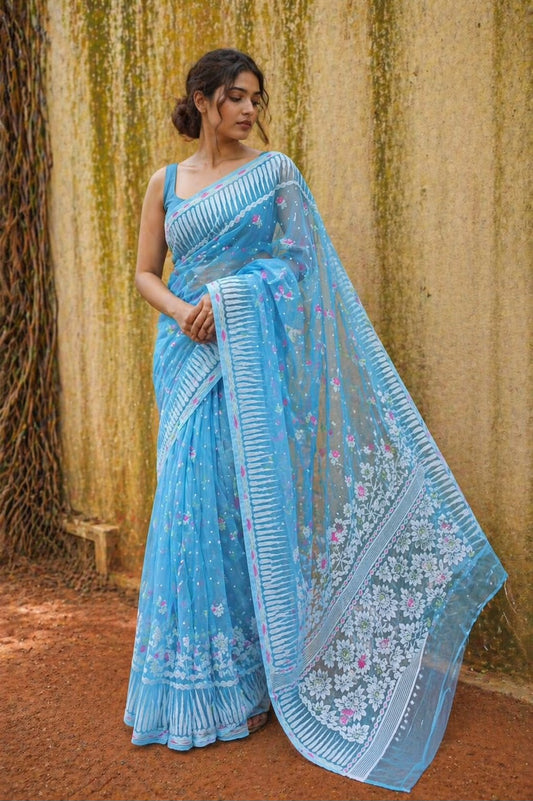 Nihar Azure - Sky Blue & White Premium Cotton Jamdani