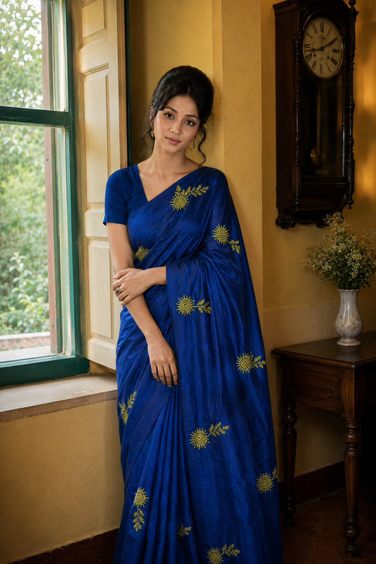 Hashi Phool Hand Block Printed Pure Mushidabad Silk with Silk Mark
