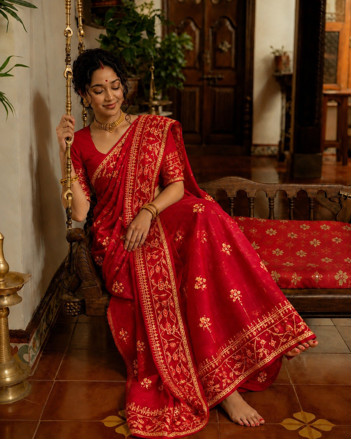 Chitrangada - Red Jamdani with Cutdana Work