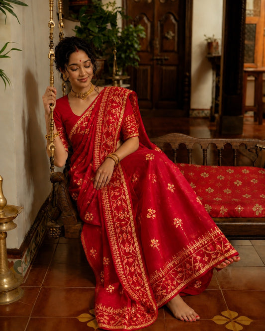 Chitrangada - Red Jamdani with Cutdana Work