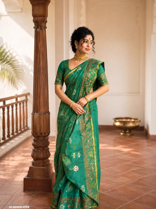 Chitrangada - Green Dhakai Jamdani with Cutdana Work