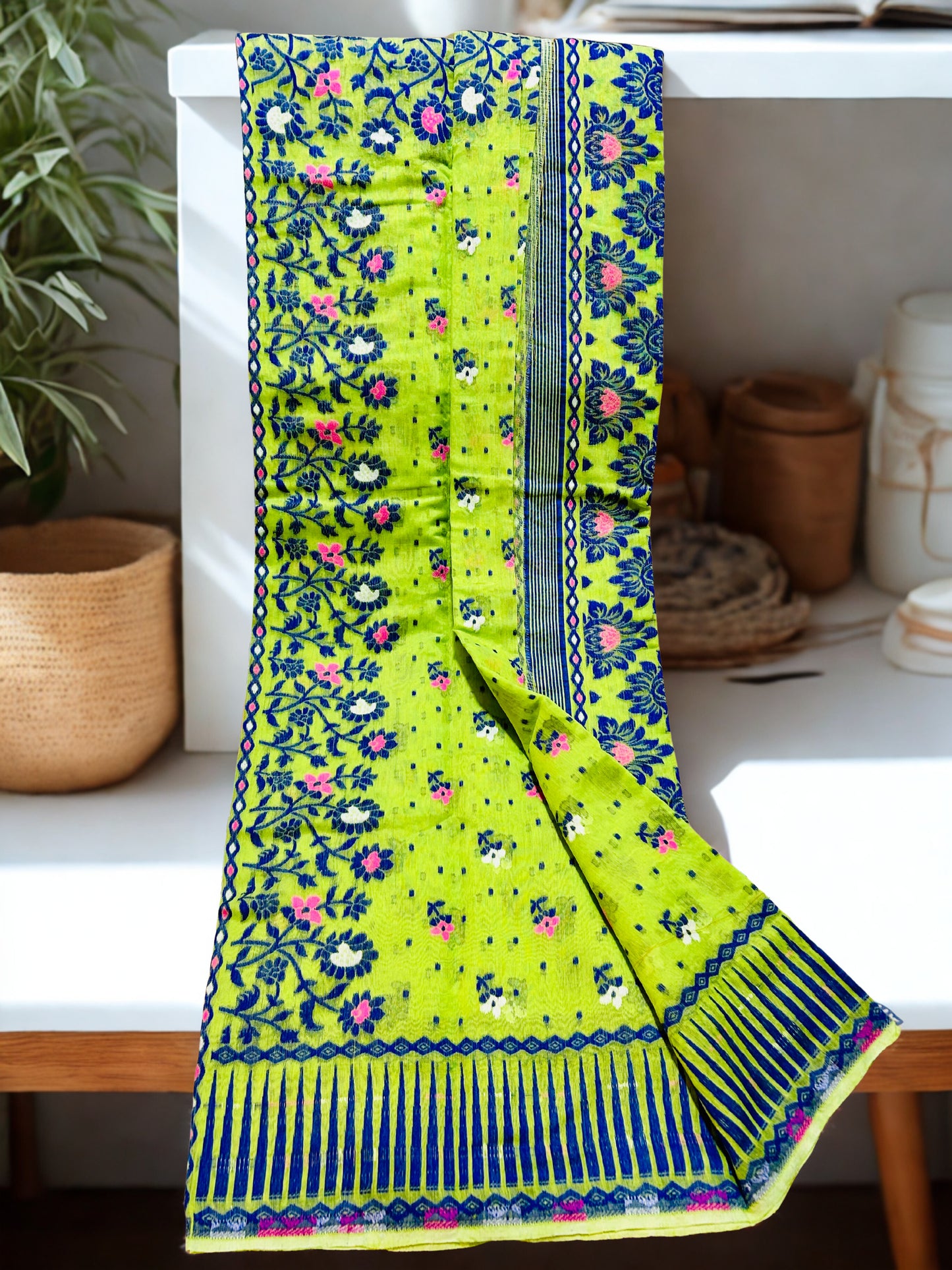 Harit Lumiére – Bright Olive Cotton Jamdani Saree