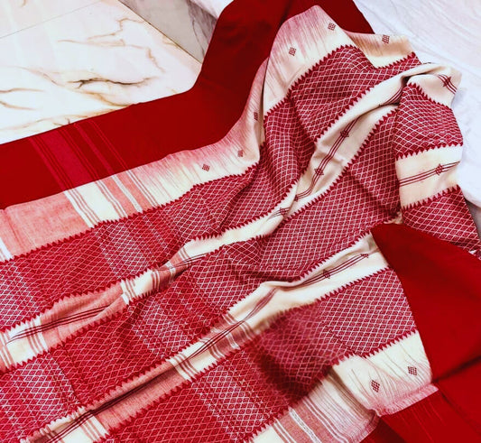 Ranga Shora Pure Cotton Red and White Saree