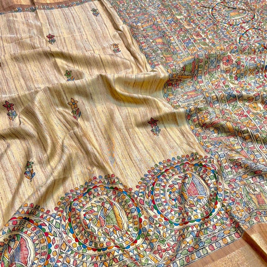 Horinpakhi Madhubani Print Pure Tussar Saree