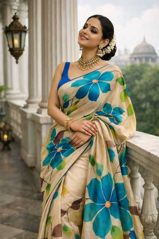 beige and blue bishnupuri silk